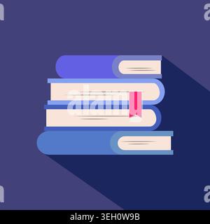 Stack of 4 blue books, one of them has a red bookmark. Flat design. Vector illustration. Stock Vector