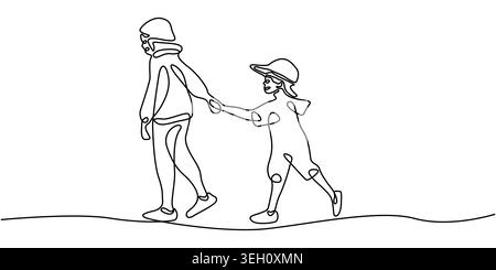 Continuous Line Art Drawing of Two Friends Holding Hands Walking Stock Vector