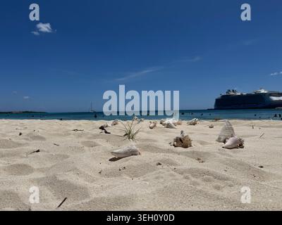 Low angle view of small seashells scattered across a wide white sand beach with a cruise ship on the far horizon in Cabo Rojo. Stock Photo