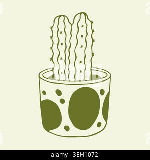 Detailed hand drawn vector illustration of two column cacti in a stylish abstract spotted pattern pot. Vertical line art of prickly houseplants for Stock Vector