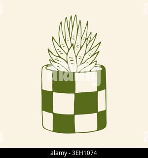 Elegant hand drawn vector sketch of an aloe vera succulent plant in a modern checkered pattern pot. Botanical line art perfect for eco friendly Stock Vector