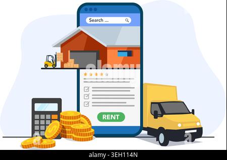 Comprehensive mobile application interface for renting storage space, managing warehouse logistics, and shipping. Stock Illustration. Stock Vector