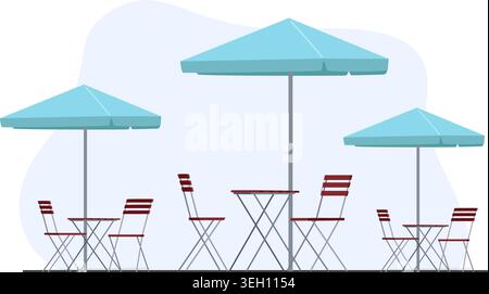 Flat vector illustration of a cafe patio featuring light blue parasols and wooden folding chairs on a white background. Stock Vector