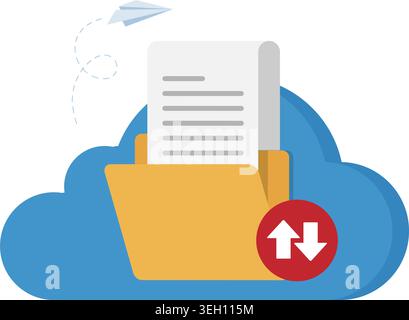 A flat vector icon representing cloud storage, document synchronization, and digital data transfer for modern business. Stock Illustration. Stock Vector