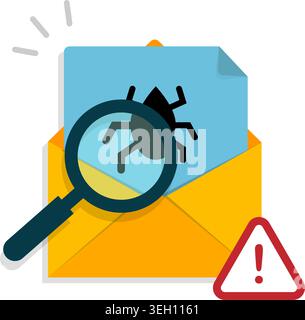 Concept of email security showing phishing detection with magnifying glass, bug icon, and alert symbol for cyber threat awareness. Stock Illustration. Stock Vector