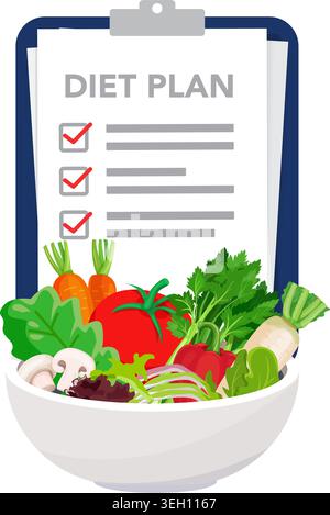 A flat vector illustration of a nutritional diet plan on a clipboard surrounded by a variety of healthy vegetables. Stock Vector