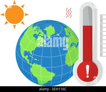 Vector graphic showing a heating Earth with a rising red thermometer to symbolize climate change and global warming. Stock Vector