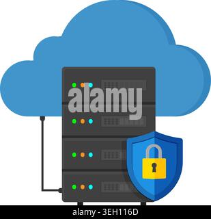 Flat vector illustration of a protected cloud computing server rack with a security shield and padlock icon. Stock Illustration. Stock Vector