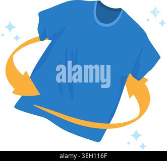 Illustration of a blue t-shirt with circular arrows symbolizing laundry, freshness, recycling, and clothing renewal concept. Stock Illustration. Stock Vector