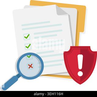 Illustration of document verification process with magnifying glass and warning shield symbolizing data security, audit, and risk control. Stock Vector