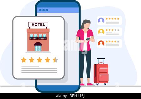 Woman traveler with luggage using a smartphone app to check hotel reviews and star ratings for booking her accommodation. Stock illustration. Stock Vector