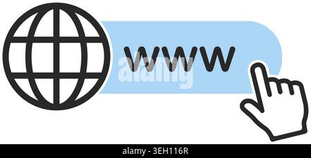 A flat vector graphic showing a globe icon, a WWW url bar, and a hand cursor clicking the link for internet browsing. Stock Vector