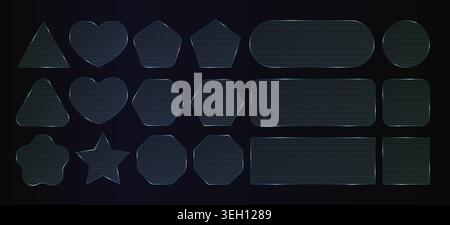 Ribbed glass transparent frame, 3d light overlay effect on dark bg. Plastic corrugated texture plate, fractal pattern square. Crystal rectangle button Stock Vector