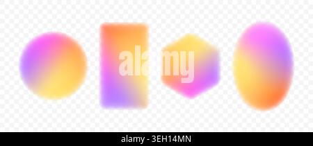 Bright iridescent gradient frame set. Blurred yellow purple badge border collection. Vibrant rainbow square, circle, hexagon banner element pack. Colorful vivid button box template bundle. Vector Stock Vector