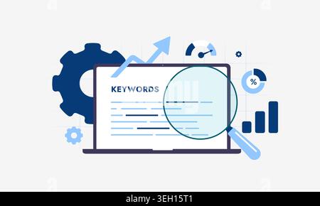 Measuring and analyzing seo keywords for search engine optimization, laptop screen displaying KEYWORDS with a magnifying glass, gears, charts, and an upward arrow symbolizing digital marketing growth Stock Vector