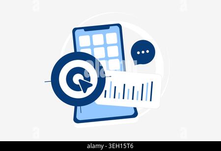Foldable Smartphone market trends, displaying a target with mouse cursor, bar chart, and speech bubble, representing mobile marketing analytics, communication and strategic targeting Stock Vector