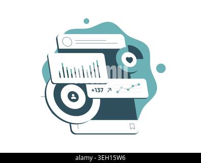 Mobile application displaying social media data analytics, metrics, and audience engagement statistics with graphs for digital marketing and business growth, vector illustration Stock Vector
