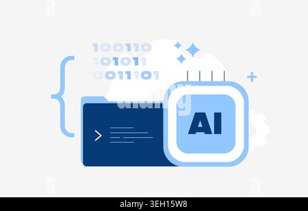 Artificial intelligence icon with binary code, processing large datasets and developing machine learning algorithms within a digital folder structure for advanced AI technological solutions Stock Vector