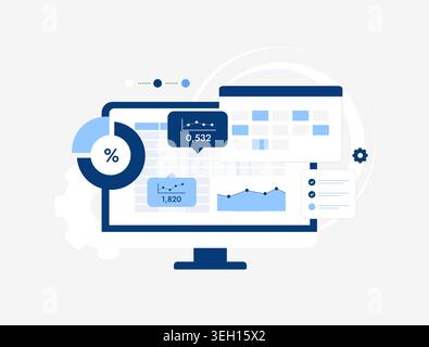 Computer monitor displaying a digital dashboard with various charts, graphs, spreadsheet data, and a calendar, representing financial analysis, business intelligence, and performance metrics Stock Vector
