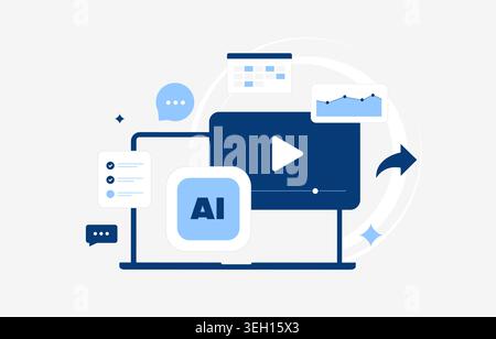 AI system automating video editing and content creation process with integrated task management, data analysis, and seamless sharing on a laptop screen, vector illustration Stock Vector