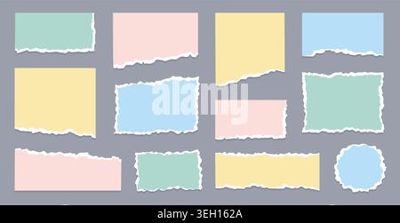 Paper torn note texture set. Hand drawn paper torn note with edge tear rip frame old sheet. Pink blue green yellow scrapbook memo vintage picture border realistic background. Vector illustration Stock Vector