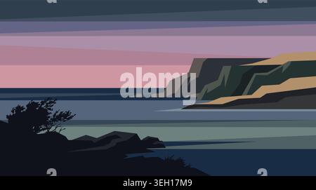 Minimalist flat vector illustration of a serene coastal landscape with rocky cliffs, ocean waves, and a beautiful twilight sky in purple and pink tone. Stock Vector