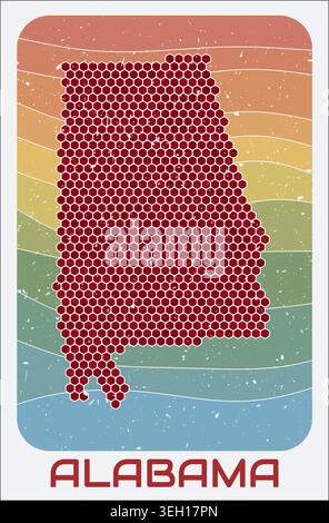 Alabama, United States vintage logo. Hexagon dots shape of the state on retro colored stripe waves background. Stock Vector