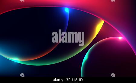 Abstract neon curves and glowing cosmic spheres digital artwork with vibrant pink blue yellow and green gradients on dark background for futuristic te Stock Vector