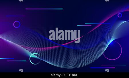 abstract digital background with neon waves and glowing geometric circles on a dark blue gradient to visualize futuristic technology data flow for web Stock Vector