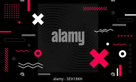 Memphis style abstract background with geometric shapes, pink and white crosses, waves, and dots over a dark backdrop for modern graphic design, vecto Stock Vector