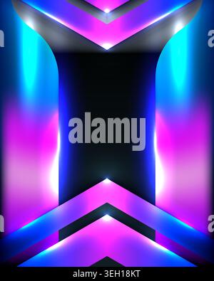 vibrant digital glowing neon pink and blue chevron arrows framing dark central archway, futuristic cyberpunk portal background for creative graphic de Stock Vector