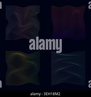 Abstract neon gradient wavy lines background set with geometric squares and futuristic digital distortion elements on dark backdrop for modern tech an Stock Vector