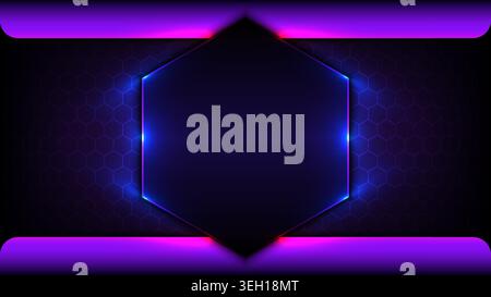 Futuristic dark hexagon frame with glowing blue and purple neon lights on tech honeycomb pattern background for gaming and cyber technology banner Stock Vector