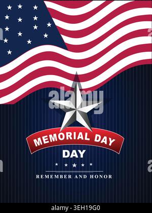 Memorial Day poster design template with a waving United States flag, a central metallic 3D star emblem, and patriotic typography on a dark striped ba Stock Vector