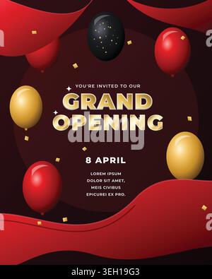 Grand Opening invitation flyer template with elegant gold text, floating red, gold, and black balloons, falling gold confetti, and wavy red layers. Stock Vector