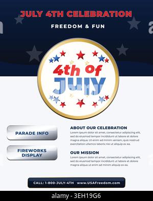 July 4th Celebration event flyer template featuring a circular patriotic emblem, decorative red and blue stars, and organized text sections. Stock Vector