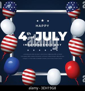 Happy 4th of July Independence Day greeting card template featuring red, white, blue, and American flag patterned balloons framing a dark blue text ba Stock Vector
