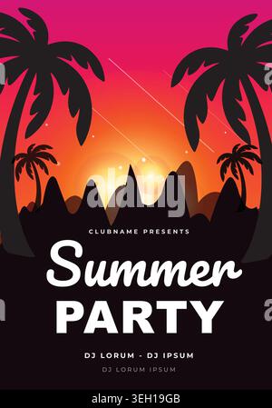 Summer Party music event poster template featuring black palm tree silhouettes, rocky mountains, a glowing sunset sky, and customizable text layout. Stock Vector