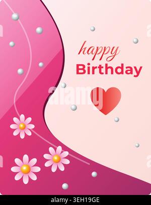 Elegant Happy Birthday greeting card template featuring pink flowers, a red heart, and floating pearl beads over a wavy pink background layout. Stock Vector