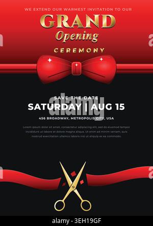 Grand Opening Ceremony invitation card template with elegant gold text, a red bow ribbon, golden scissors cutting a ribbon, and a black background. Stock Vector