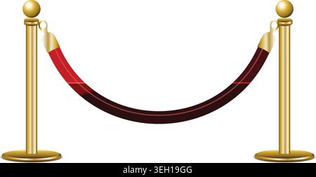 Red velvet rope barrier with two golden stanchion posts isolated on a white background, perfect for red carpet events and luxury entryways. Stock Vector