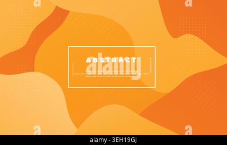 Abstract orange background with dynamic gradient liquid fluid shapes, geometric line patterns, and halftone dot grids featuring a central white frame. Stock Vector