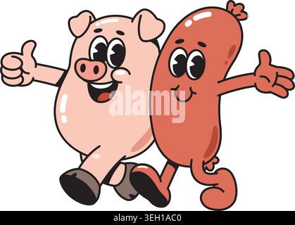 Cute Pig and Sausage Cartoon Characters Walking Together Illustration Stock Vector