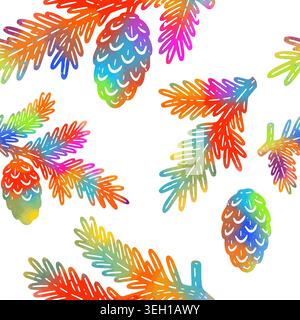 Seamless background of spruce branches with cones. Hand drawn. Not AI, vector illustration. Stock Vector