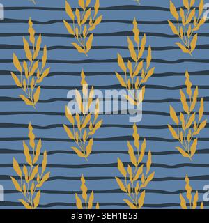 Gold Leaf Sprigs Navy Horizontal Stripes Stock Vector