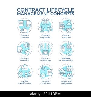 Contract lifecycle management soft blue concept icons Stock Vector