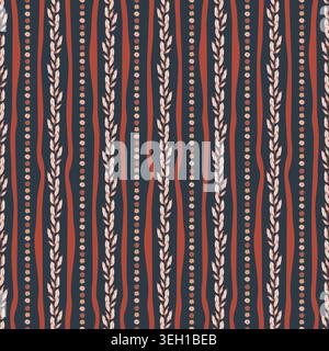 Deep Navy Folk Stripe Leaf Garland Stock Vector