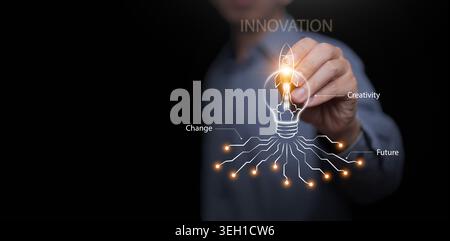 A man hand touching glowing innovation rocket lightbulb icon on dark copy space. Creativity, change, future technology, startup launch, digital transf Stock Photo