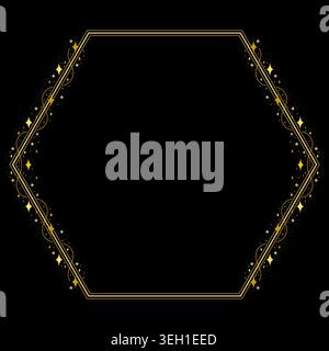 Gold Yellow Hexagon Border Frame With Golden Sparkling Stars Stock Vector