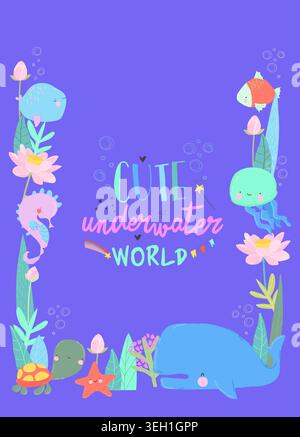 Cute Cartoon Frame with Underwater World, Fish, Wild Marine Animals and Flowers Stock Vector